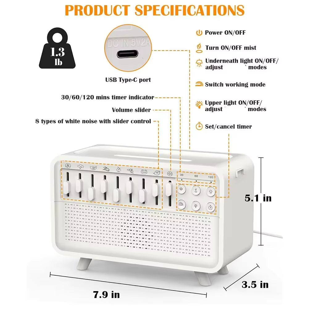 LED White Noise Speaker with 8 Nature Sounds Sleep Sound Machine Rechargeable Aroma Diffuser Night Light for Home Creative Gift